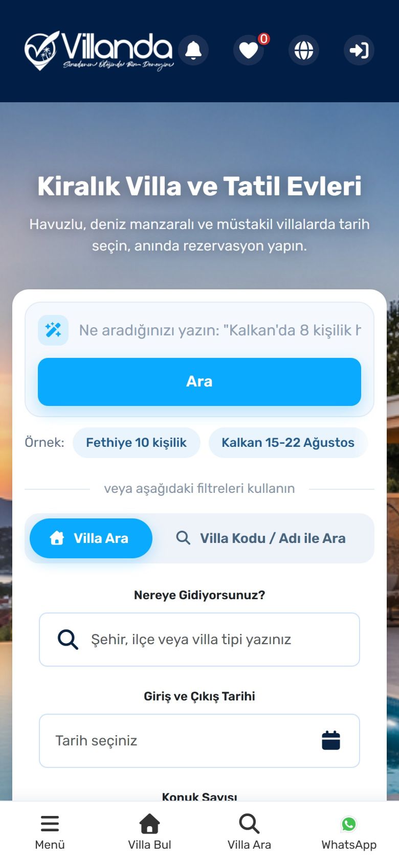 Villa kiralama sitesi anasayfası: akıllı arama ve tarih seçimi