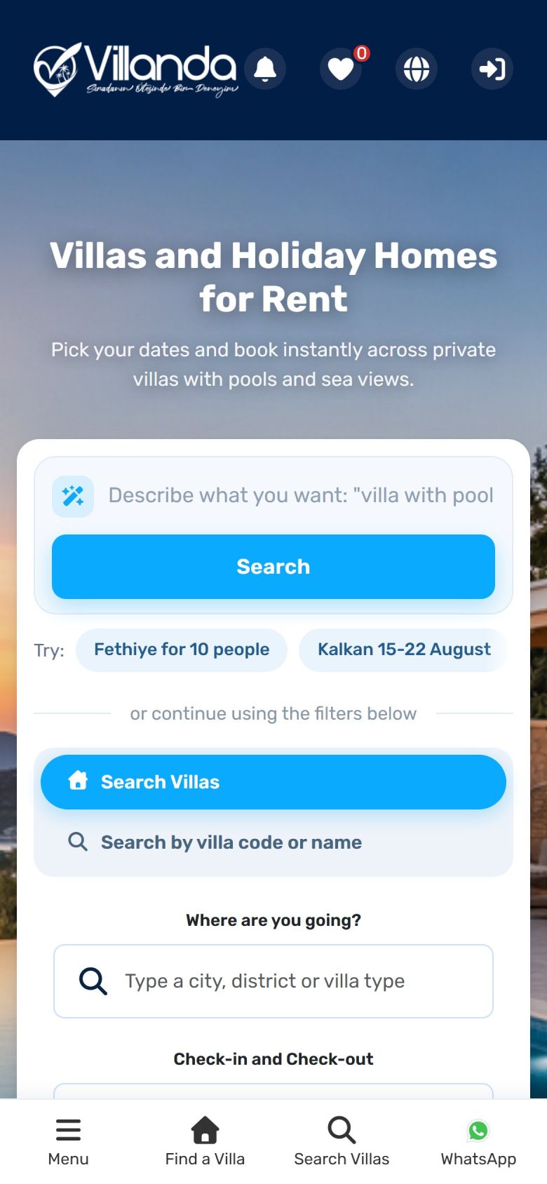Villa rental website home page with smart search and date selection