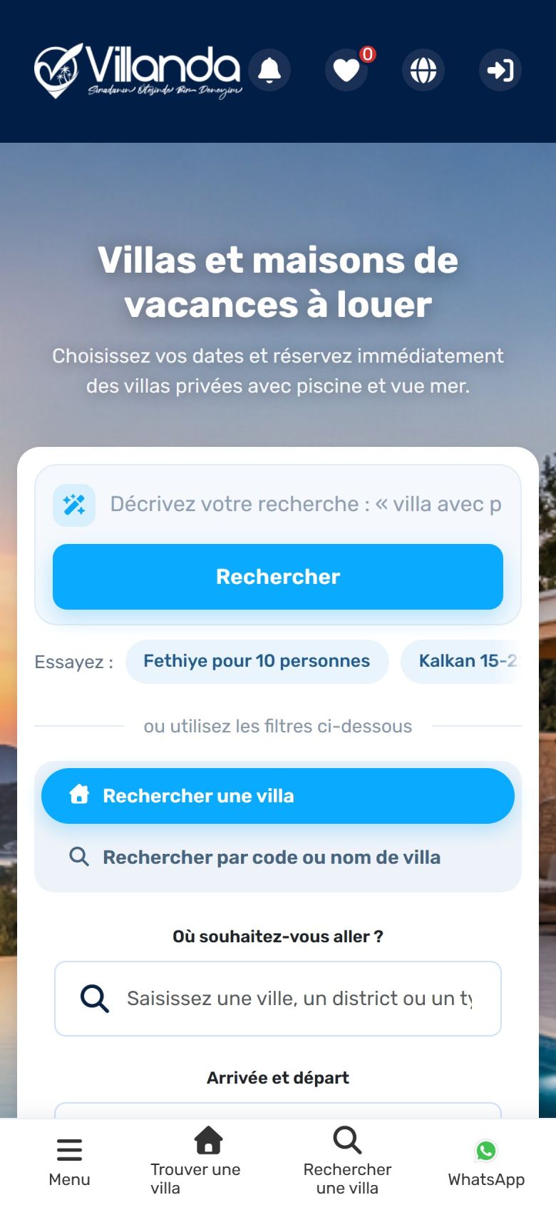 Page d’accueil d’un site de location de villas avec recherche intelligente et choix des dates
