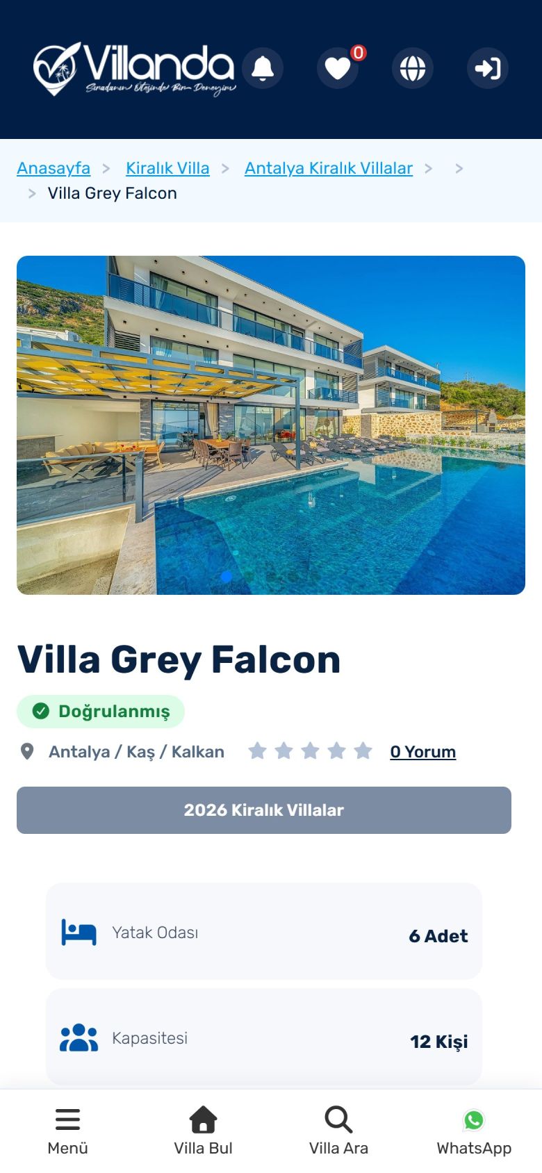 Villa sayfasının mobil görünümü