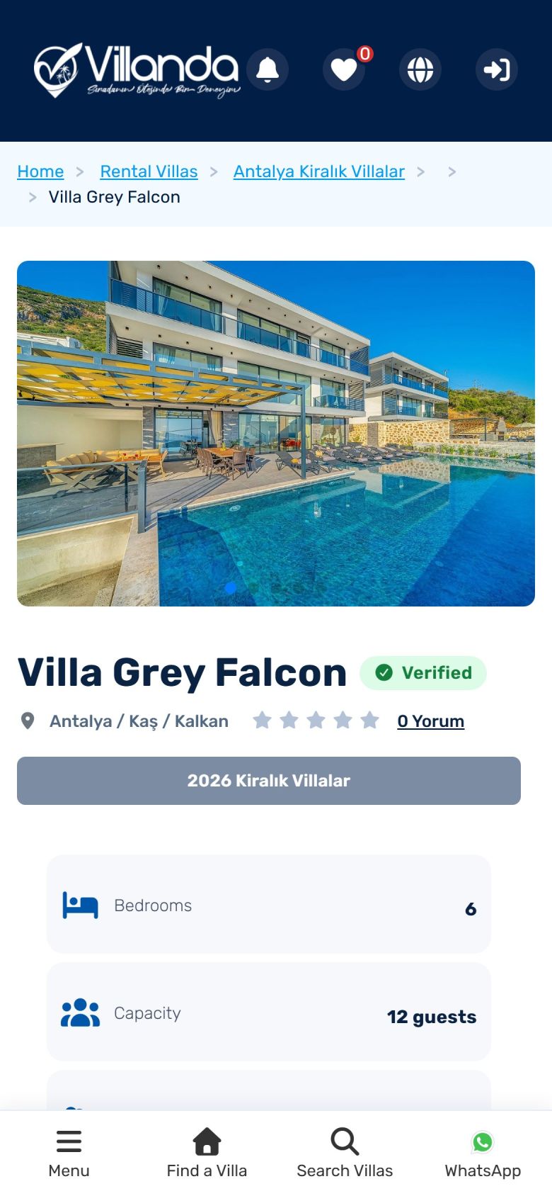Mobile view of a villa page