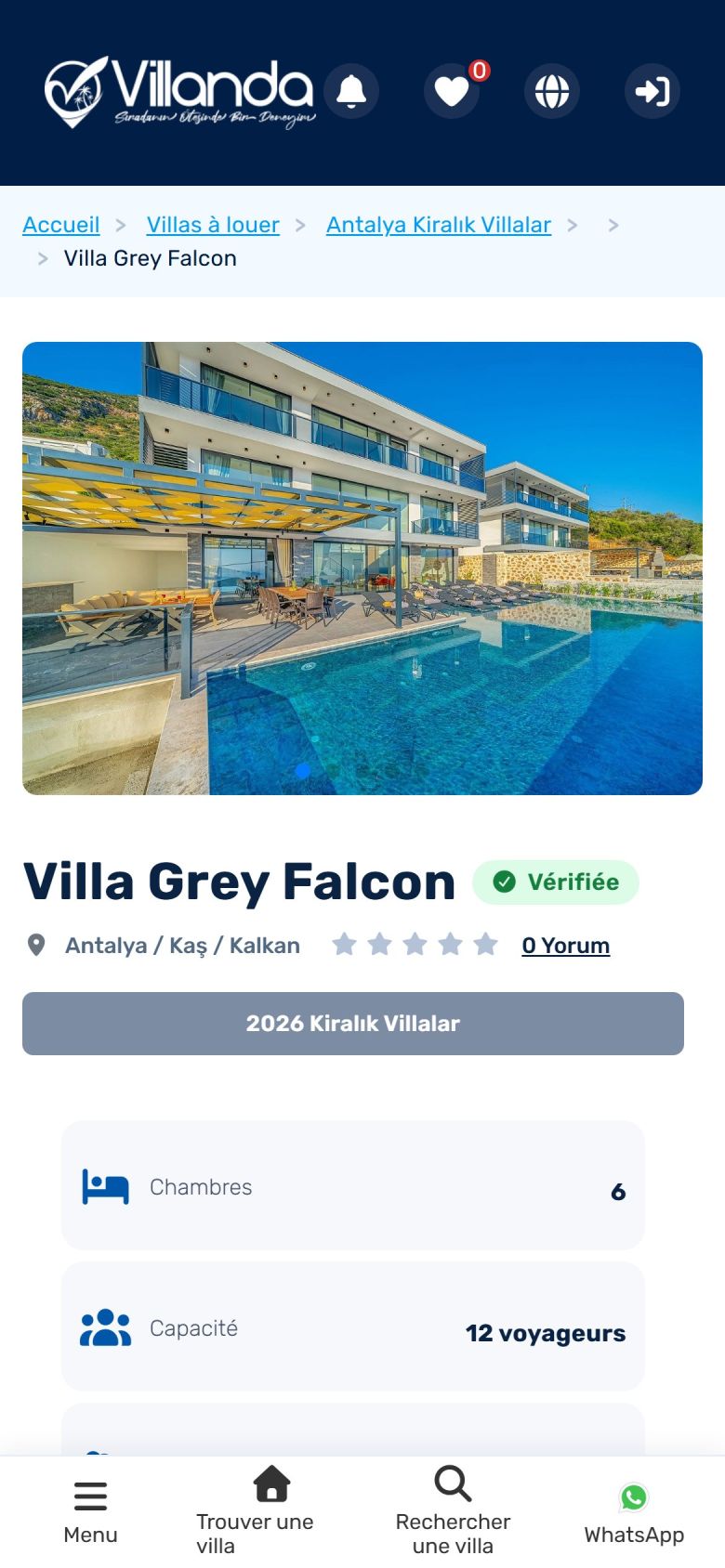 Affichage mobile d’une page de villa