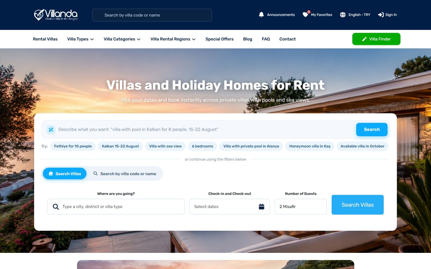 Villa rental website home page with smart search and date selection