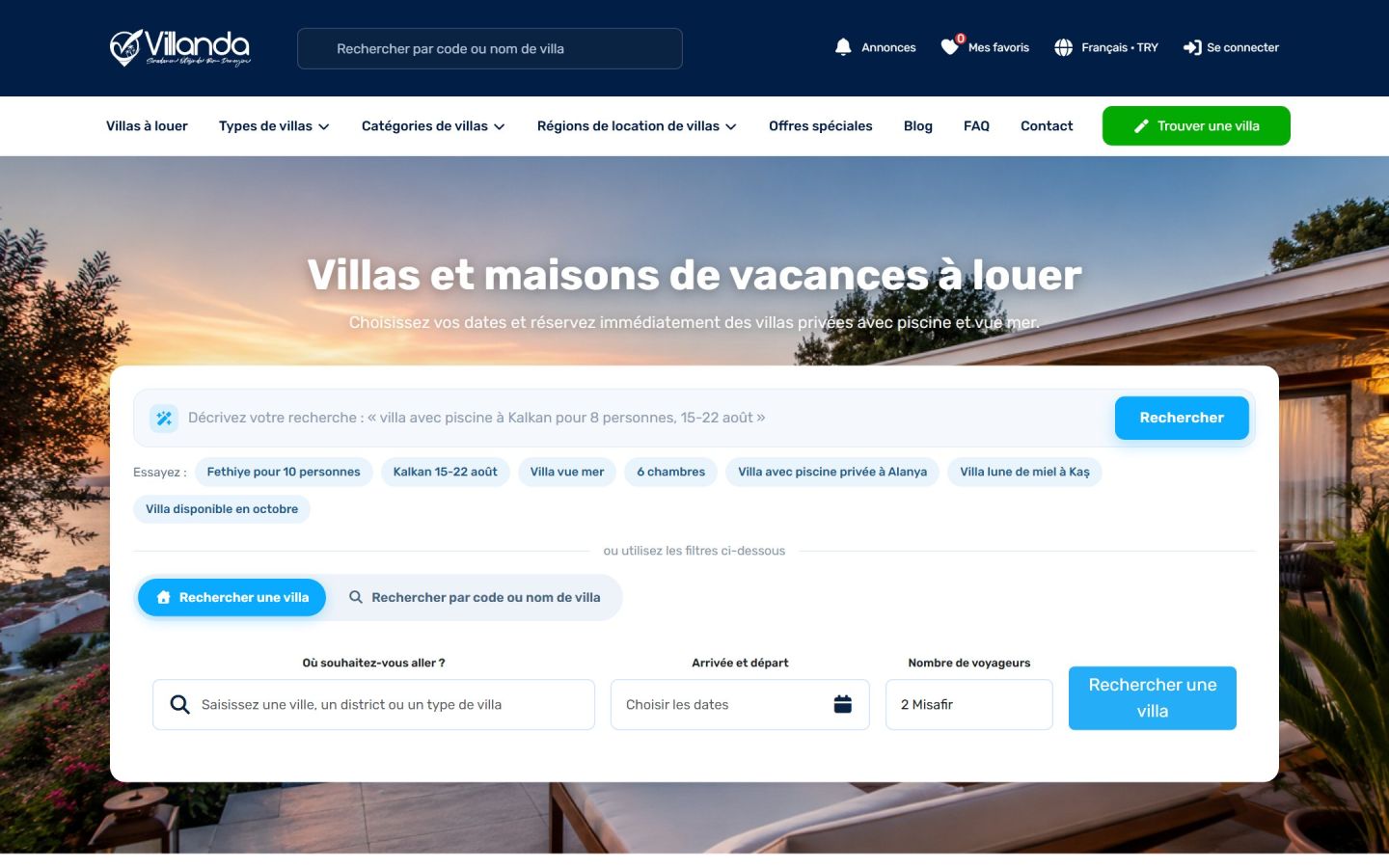 Page d’accueil d’un site de location de villas avec recherche intelligente et choix des dates