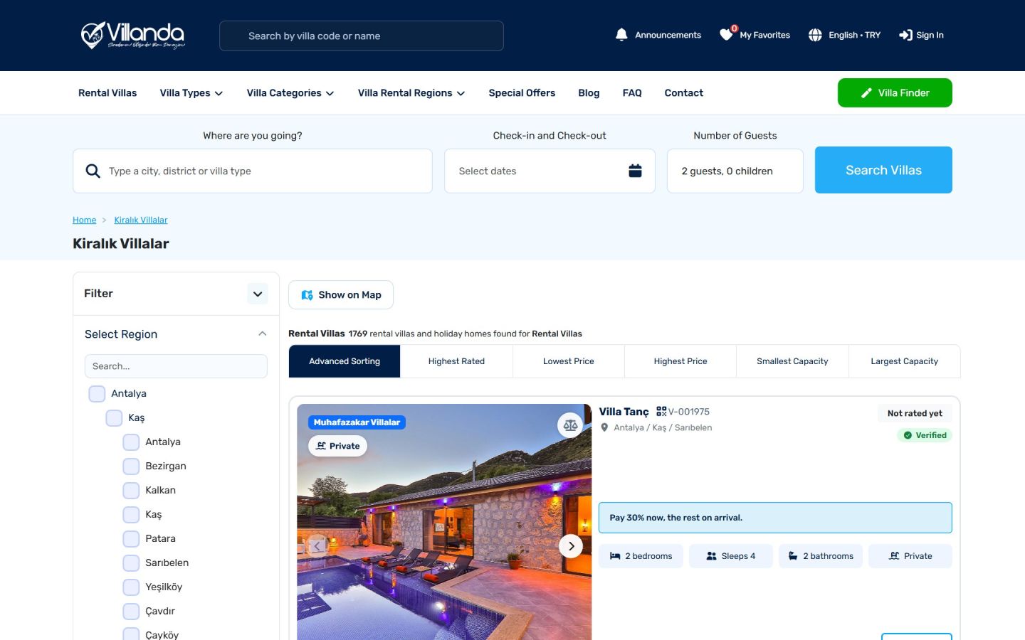 Villa listing page with region filter and sorting